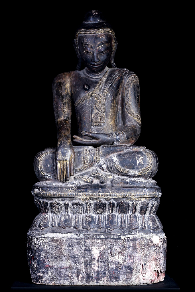 18C Wood Sitting Mon Burmese Buddha # A039